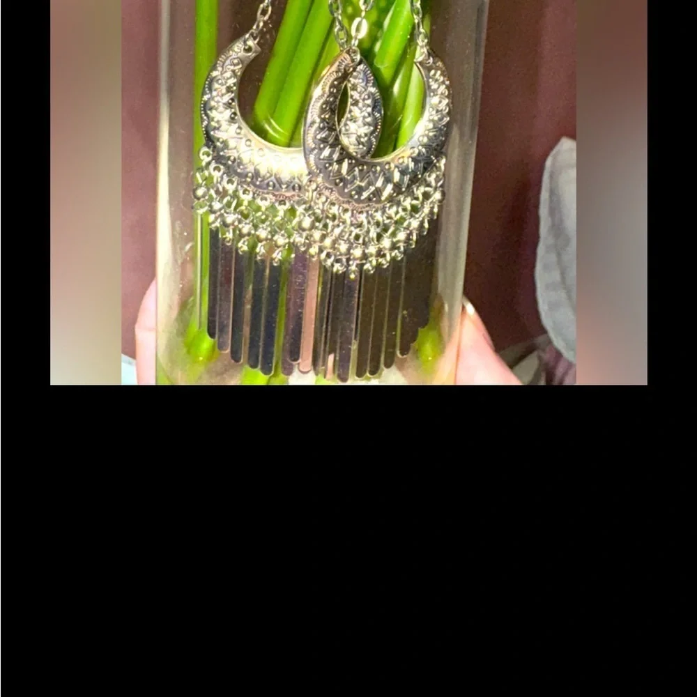 Chico's Silver Tone Crescent Dangle Earrings - Boho Chic Fringe